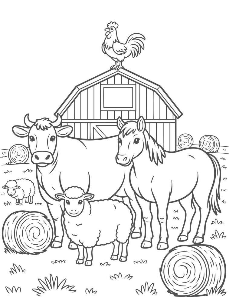 Farm animals and barn with hay bales horse sheep vector