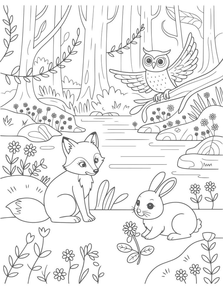 Fox rabbit owl forest stream flowers vector