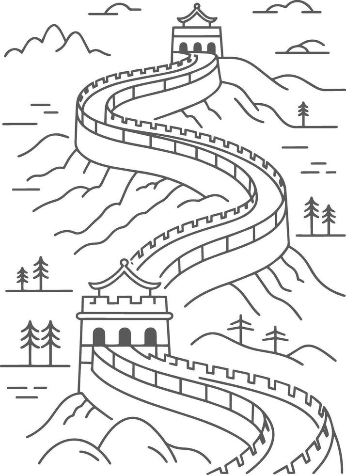 Great Wall of China landscape with watchtowers and trees ancient architecture historical landmark vector