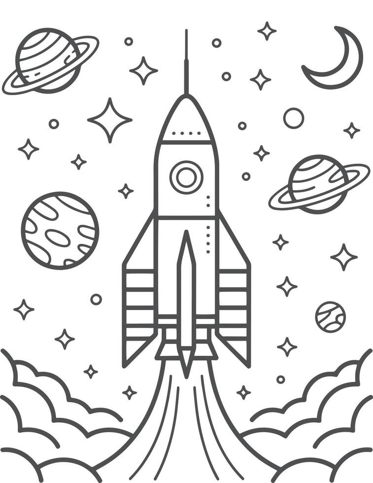 Rocket ship blasting off through clouds into starry space with planets spaceship vector