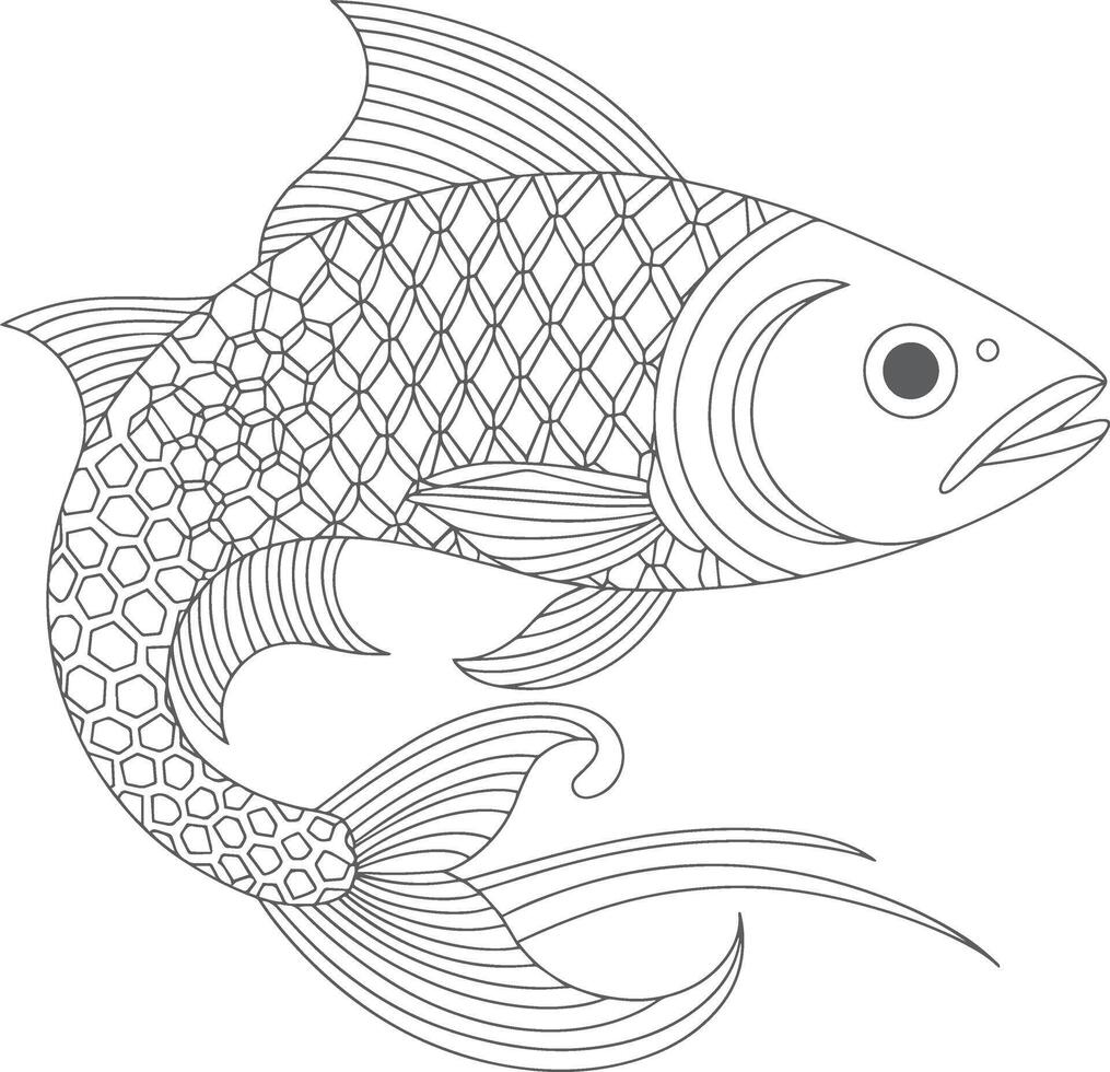 Stylized fish with intricate scales and flowing fins outline drawing vector