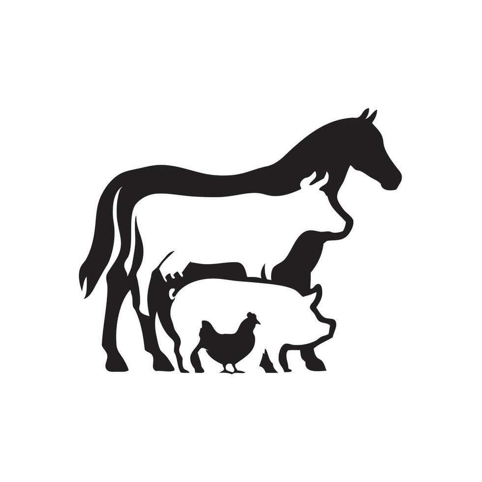 Farm Horse, Cow, Pig, Chicken silhouette vector
