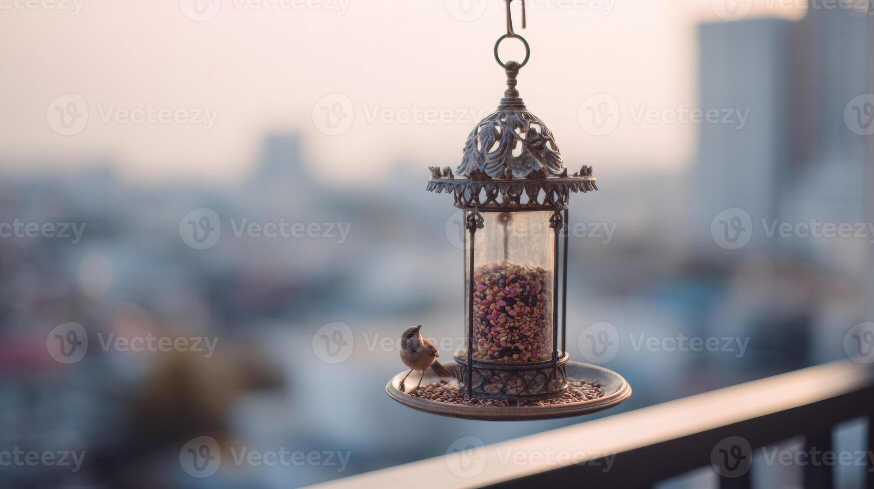 Bird Feeding at Stylish Balcony Feeder With Cityscape Backdrop During Dusk photo