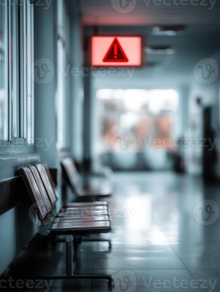 Blurred Hospital Waiting Room Featuring Cold Warning Signage and Empty Seats During a Quiet Day photo