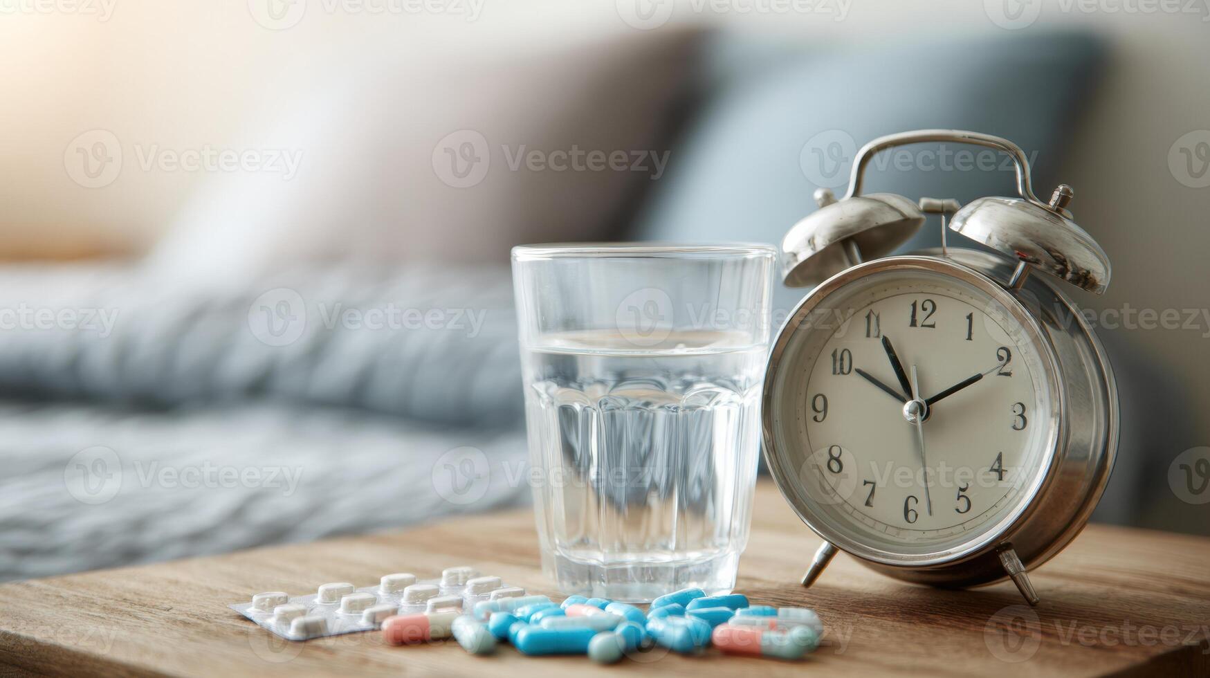 Morning Routine With Bedside Alarm Clock and Glass of Water for Taking Medication photo