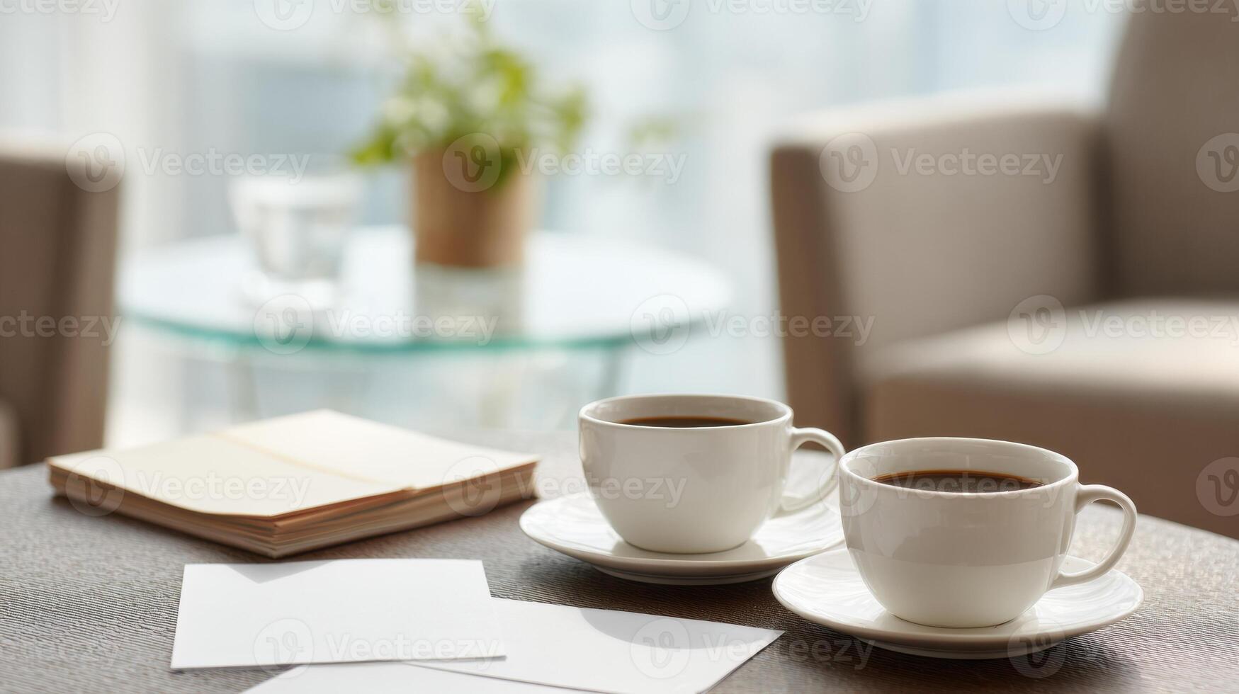 Calm Negotiation Setting Featuring Coffee Cups and Clear Side Table During Business Discussion photo