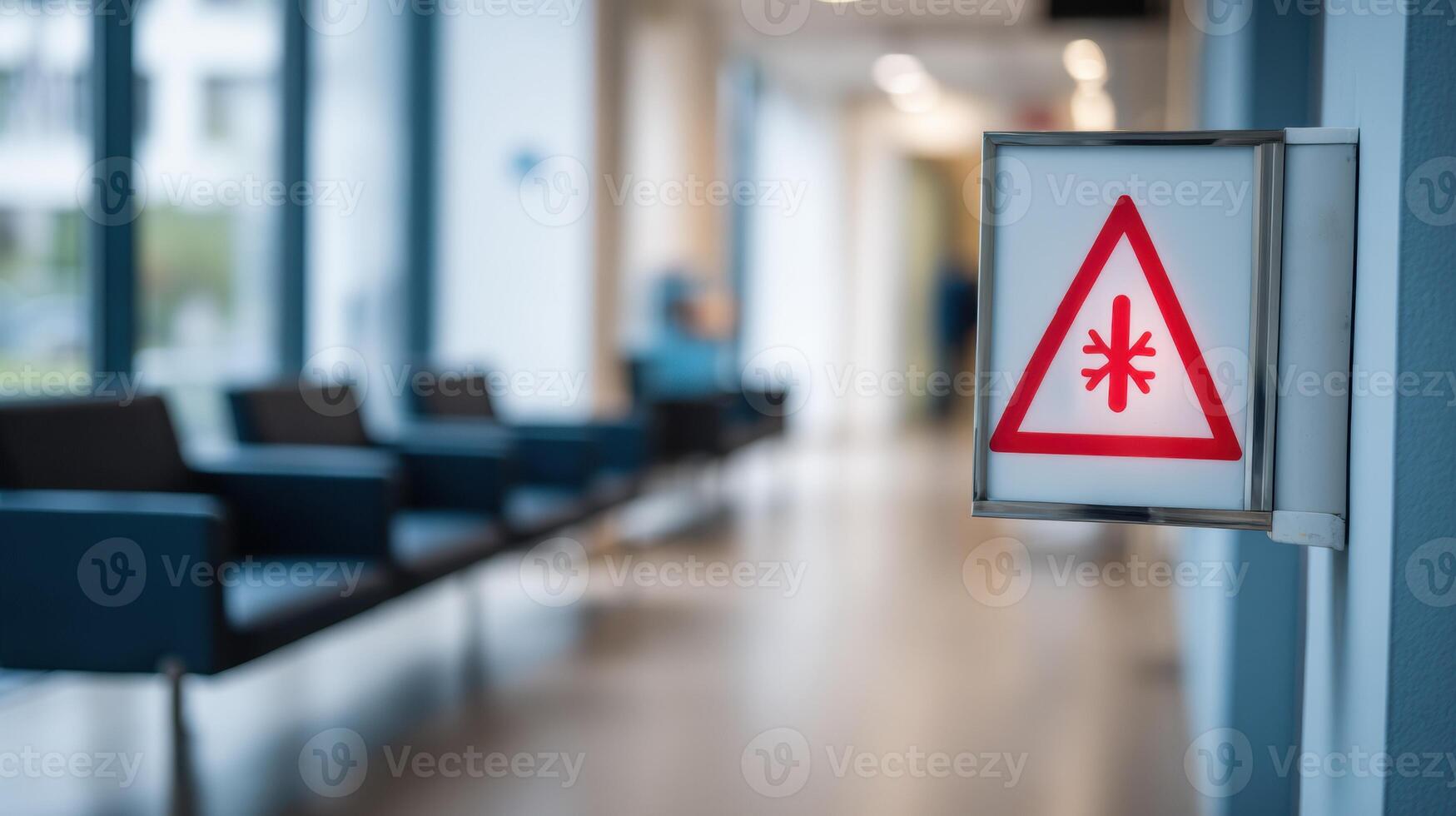 Hospital Waiting Room With Cold Warning Signage Visible on the Left Side and Blurred Seating Area Beyond photo