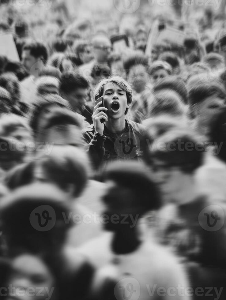 Crowd Gathers With One Individual Energetically Shouting Into Phone During a Lively Event or Protest photo