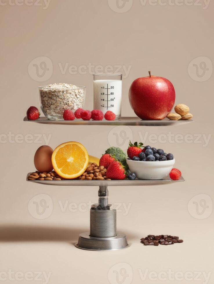 Balanced Diet Setup Featuring Nutrition Facts With a Focus on Healthy Foods and Portion Control Displayed Creatively at Home photo