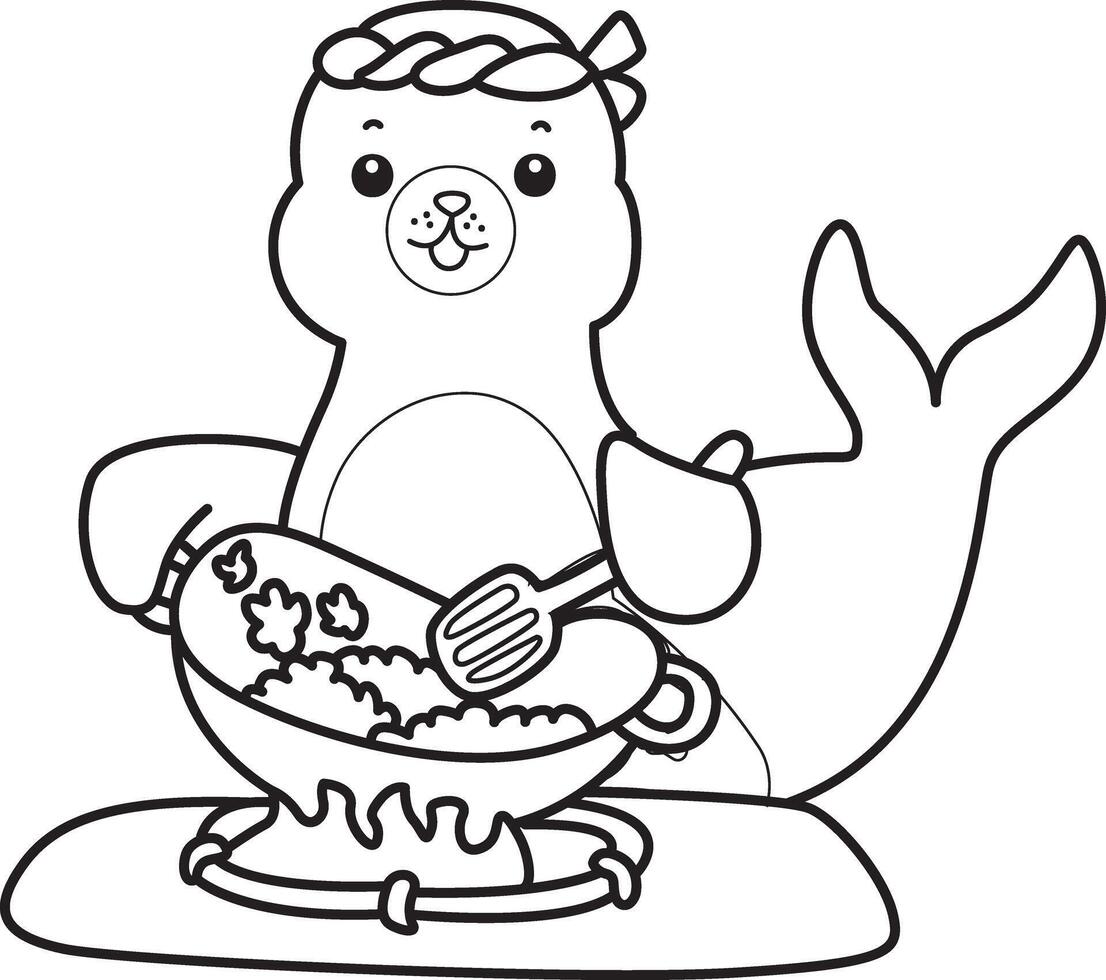 Outline of seal cooking a fried rice. Coloring pages of cute seal. vector