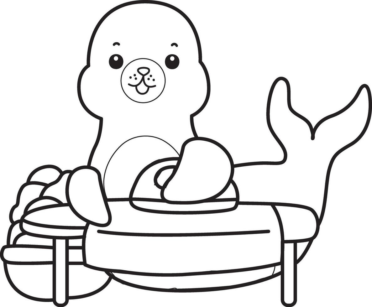 Outline of seal ironing the clothes. Coloring pages of cute seal. vector