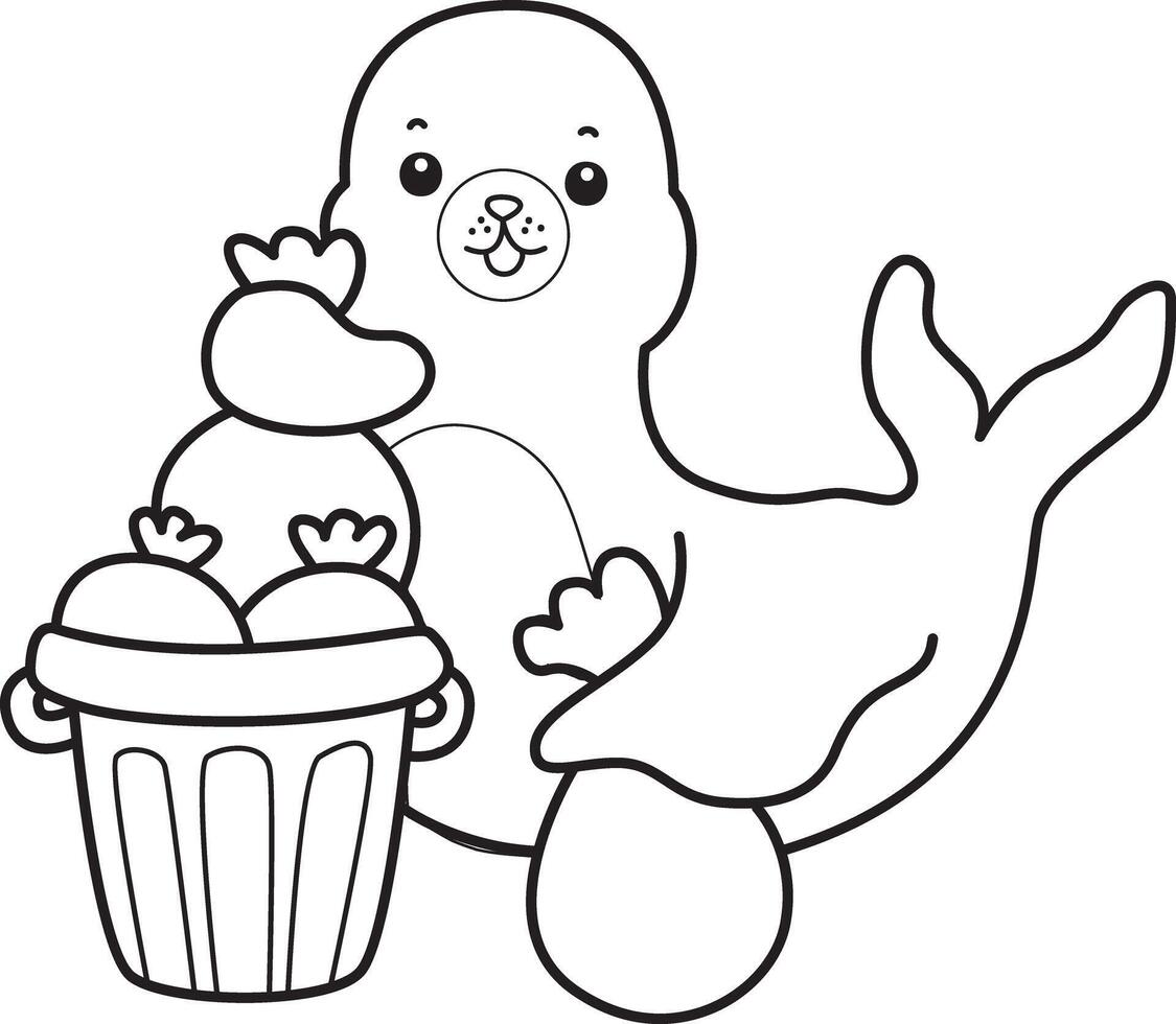 Outline of seal throw the garbage into its place. Coloring pages of cute seal. vector