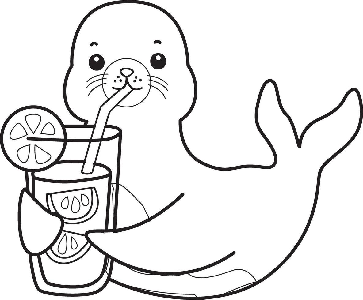Outline of seal drinking an orange juice. Coloring pages of cute seal. vector