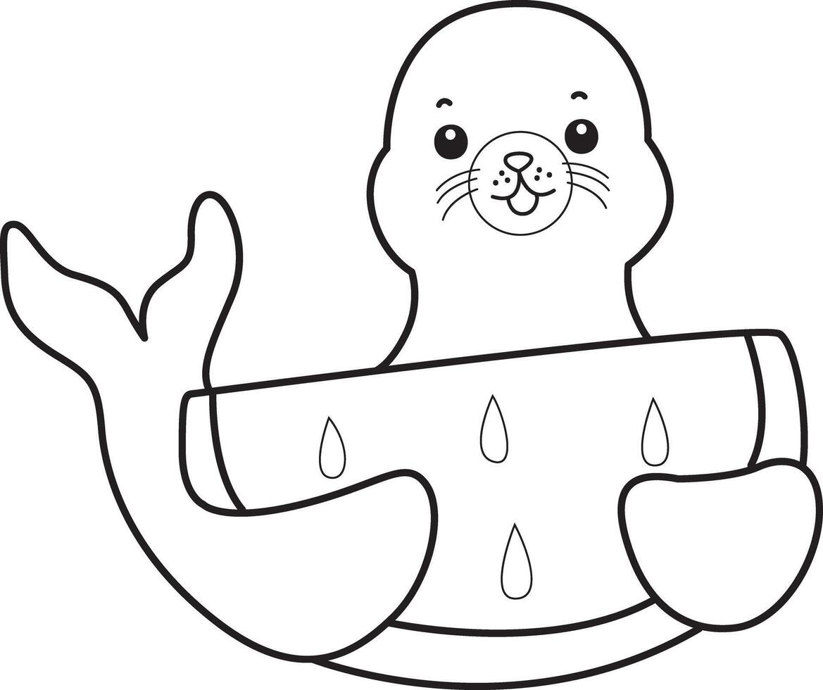 Outline of seal bring a watermelon. Coloring pages of cute seal. vector
