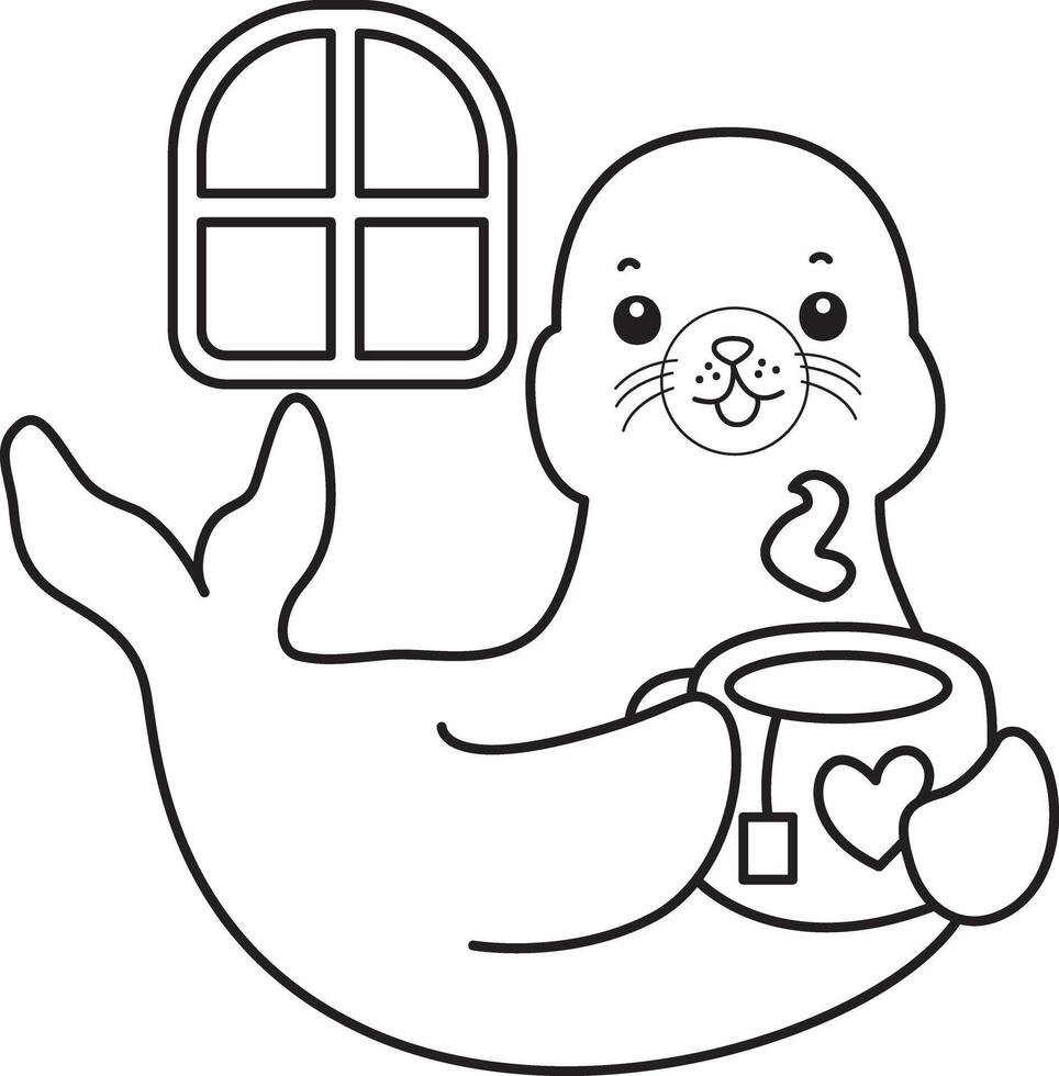 Outline of seal bring a hot tea. Coloring pages of cute seal. vector
