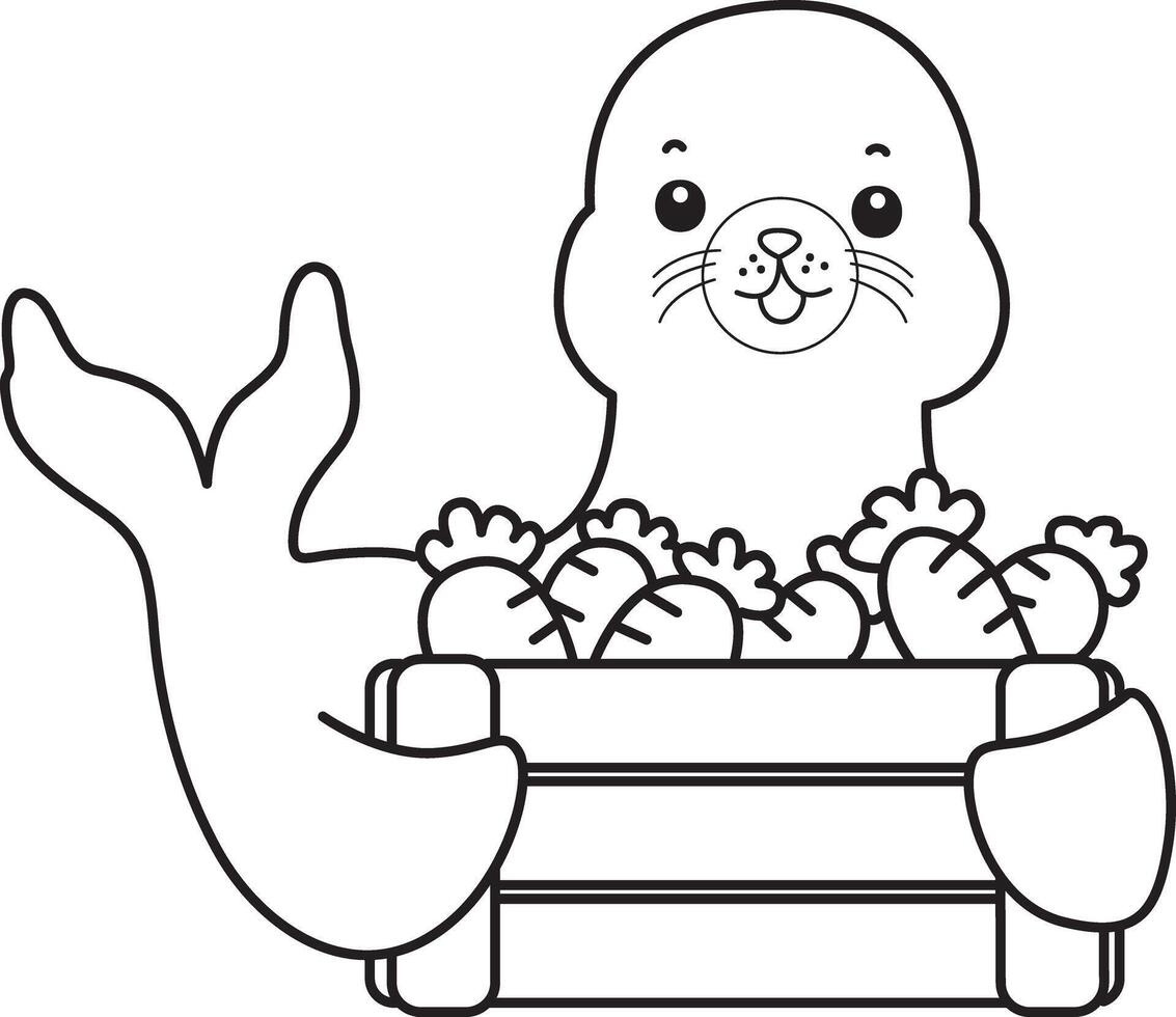 Outline of seal bring a lot of carrot. Coloring pages of cute seal. vector