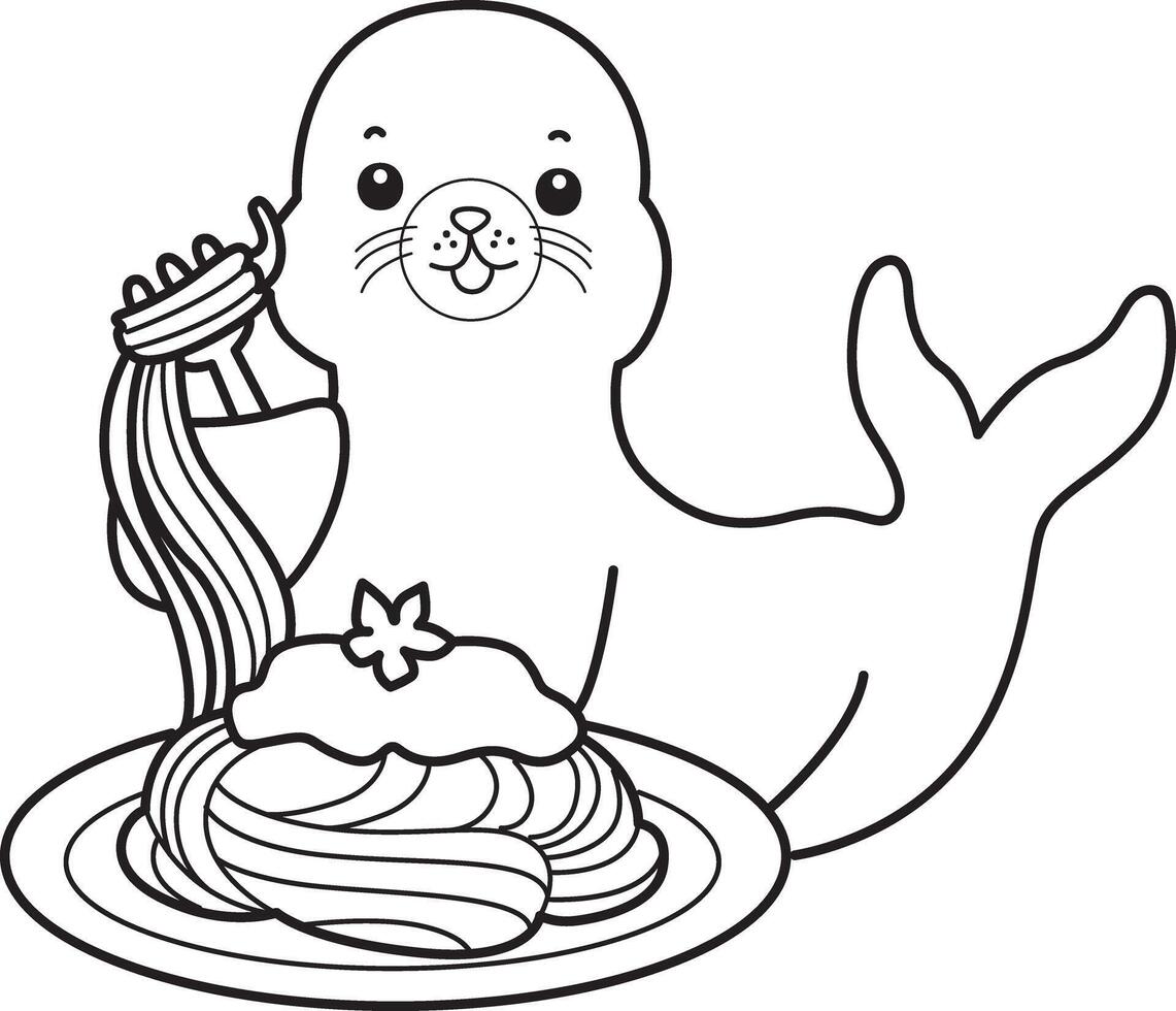 Outline of seal want to eating spaghetti. Coloring pages of cute seal. vector