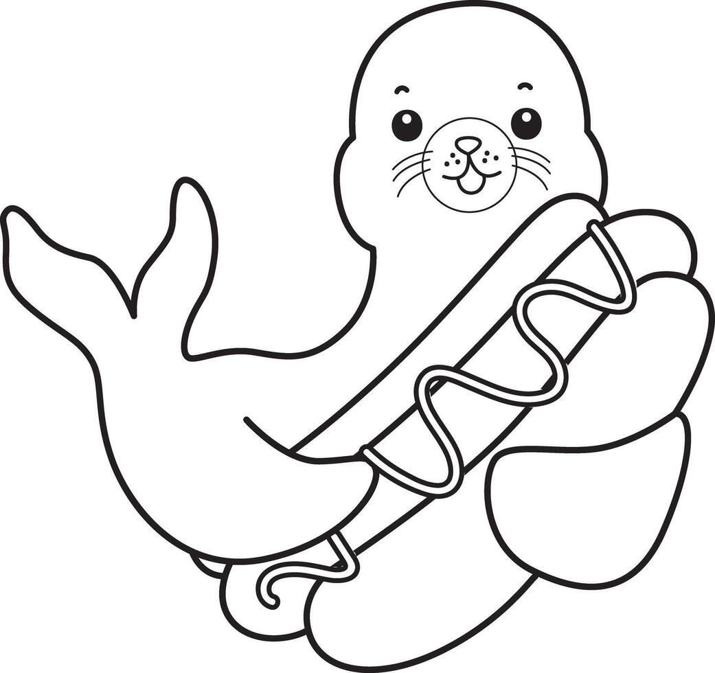 Outline of seal bring a hot dog. Coloring pages of cute seal. vector