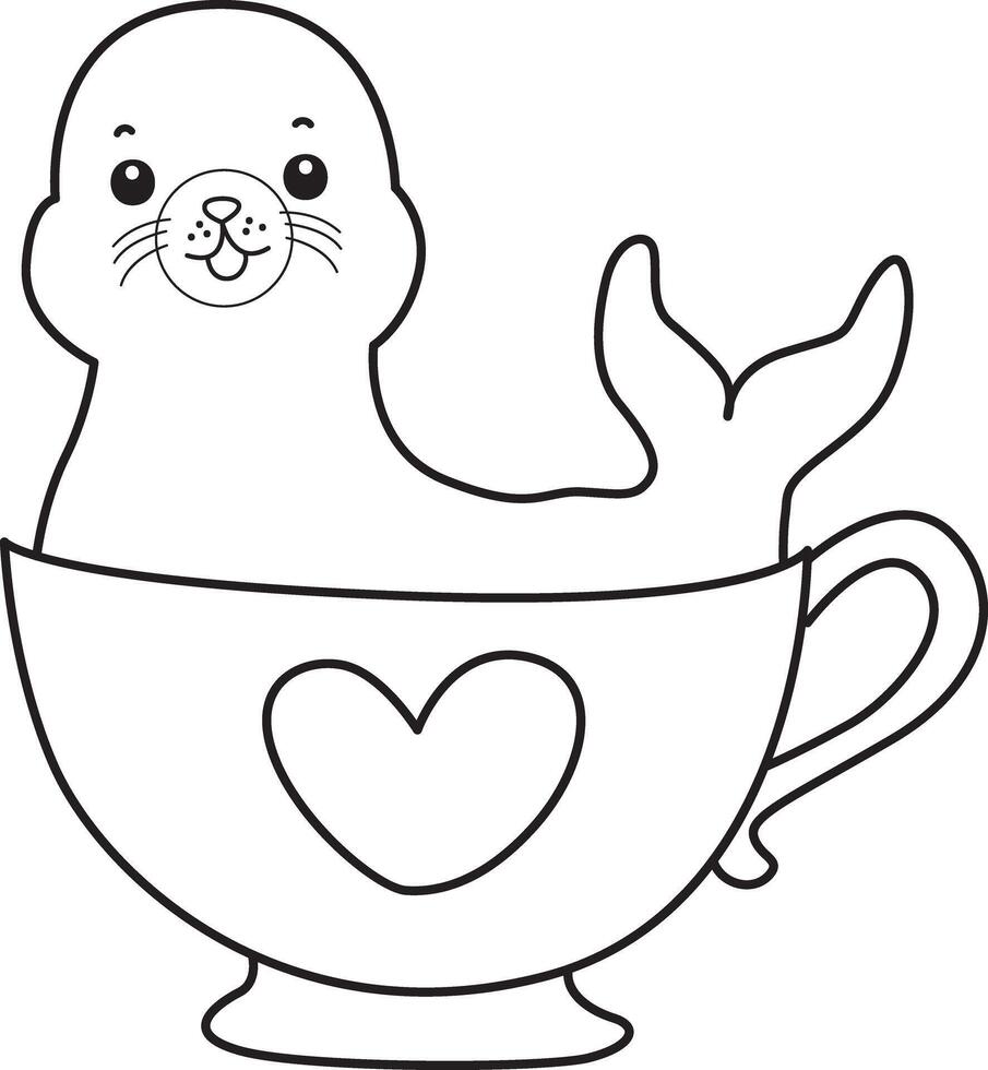 Outline of seal stuck in the cup of tea. Coloring pages of cute seal. vector