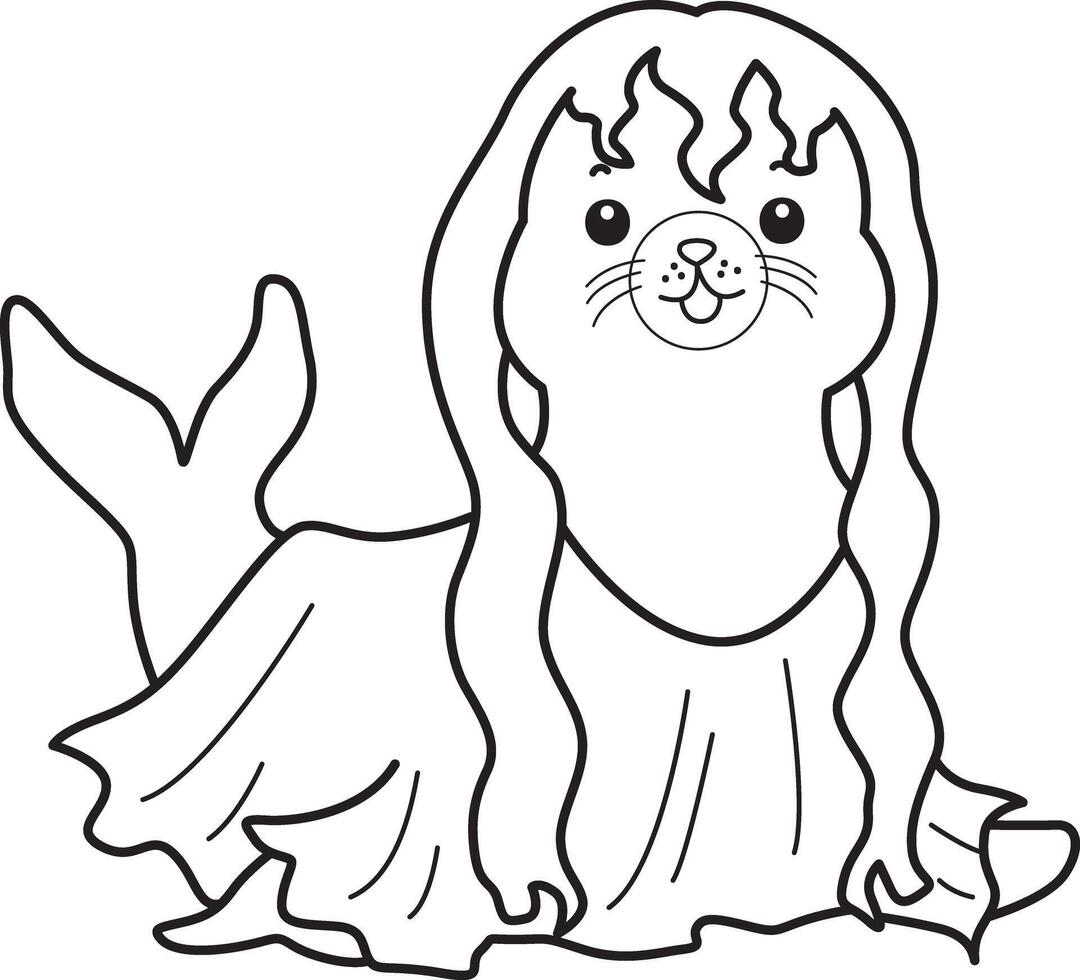 Outline of seal wearing a long hair and white ghost costume. Coloring pages of cute seal. vector