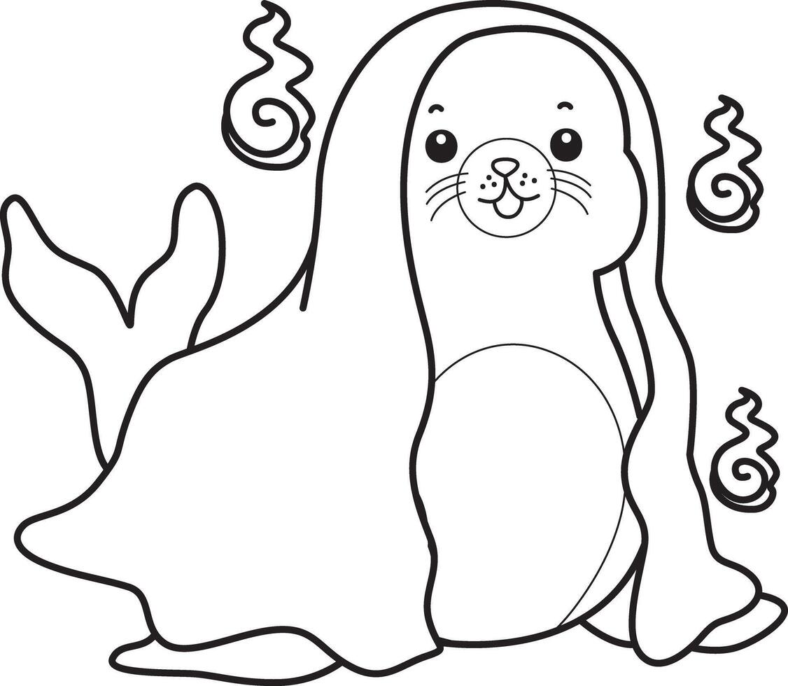 Outline of seal wearing a white ghost costume. Coloring pages of cute seal. vector