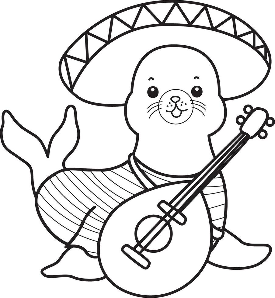 Outline of seal like an indiana people. Coloring pages of cute seal. vector