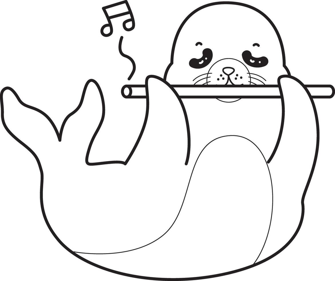 Outline of seal playing a flute. Coloring pages of cute seal. vector