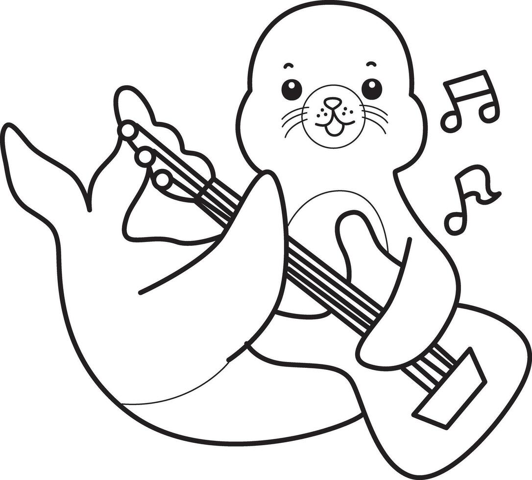 Outline of seal playing a guitar. Coloring pages of cute seal. vector