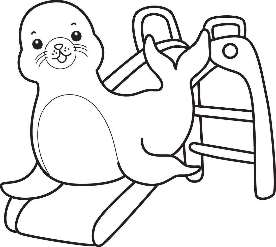 Outline of seal playing a sliding. Coloring pages of cute seal. vector