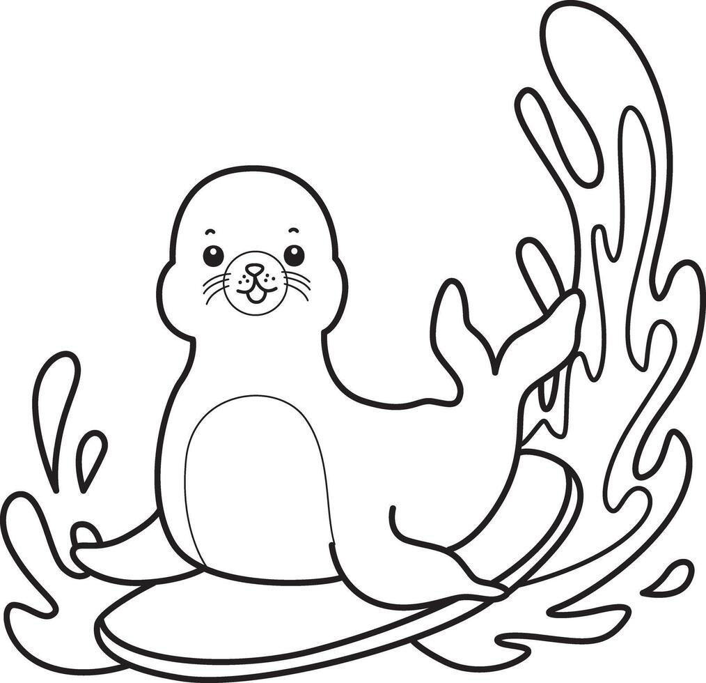 Outline of seal playing a surfing. Coloring pages of cute seal. vector