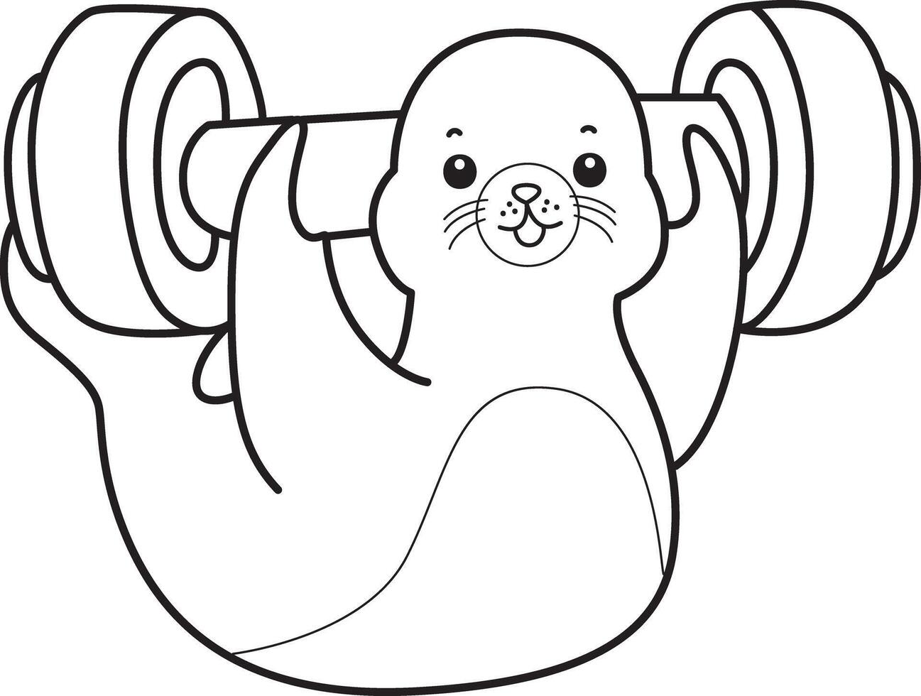 Outline of seal lifting a dumbbell. Coloring pages of cute seal. vector