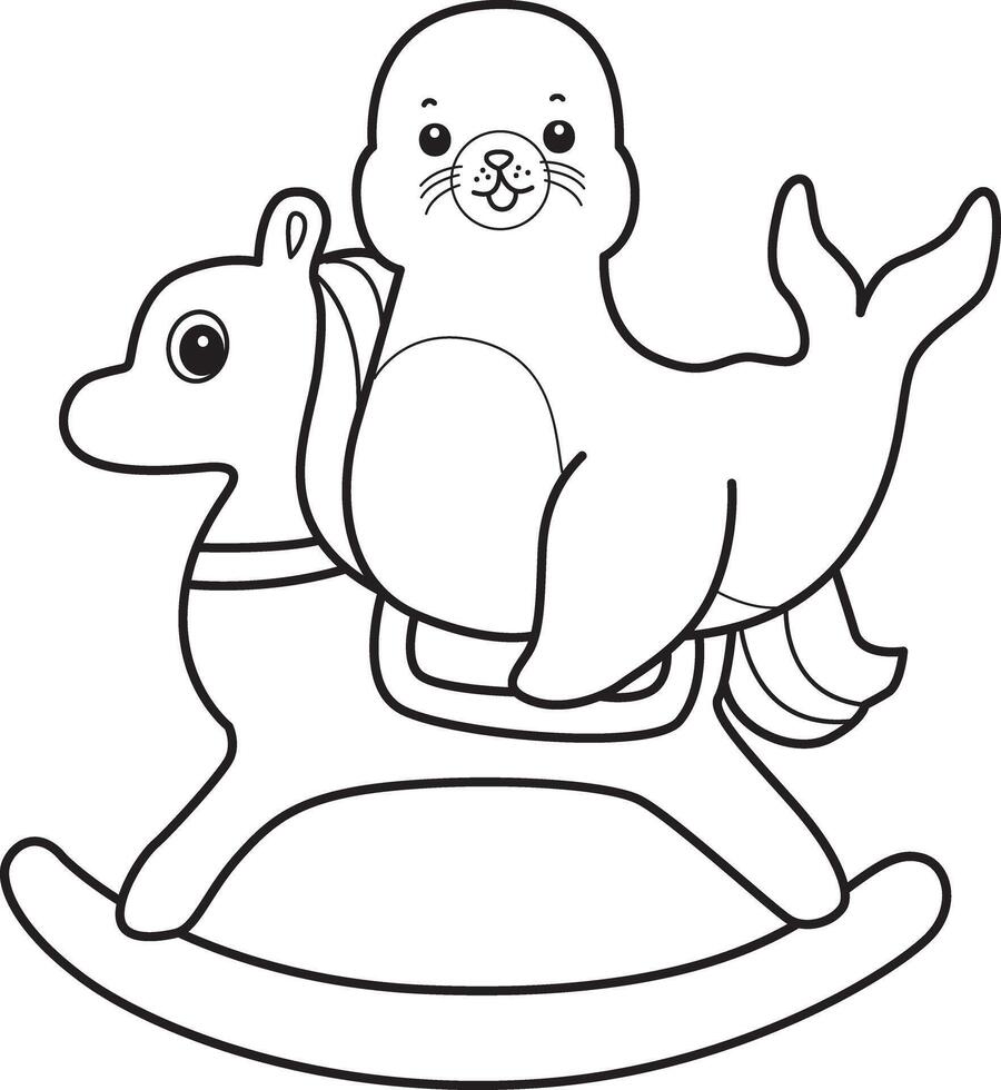 Outline of seal playing a rocky horse. Coloring pages of cute seal. vector