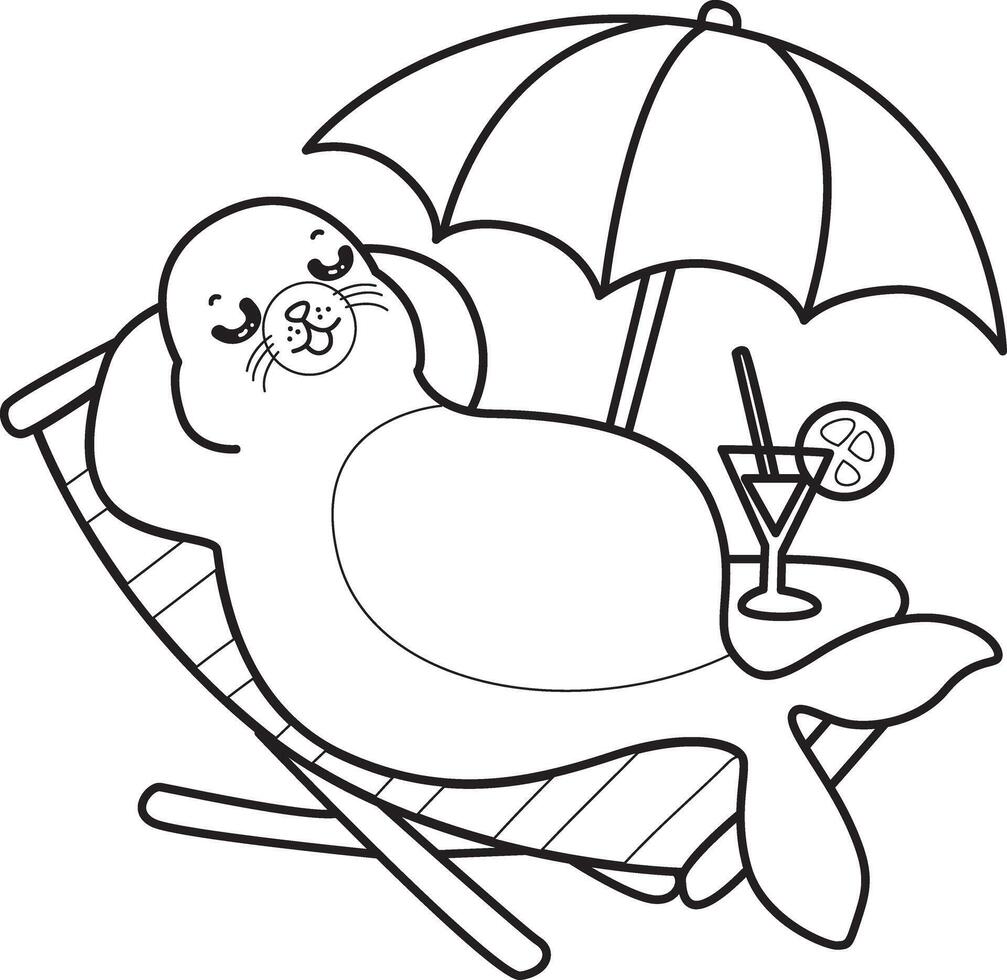 Outline of seal laying in the beach. Coloring pages of cute seal. vector