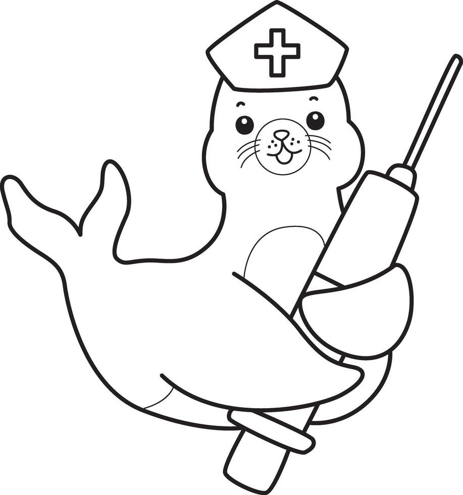Outline of seal bring a syringe. Coloring pages of cute seal. vector