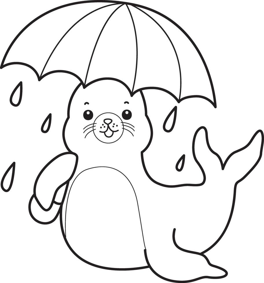 Outline of seal bring an umbrella. Coloring pages of cute seal. vector