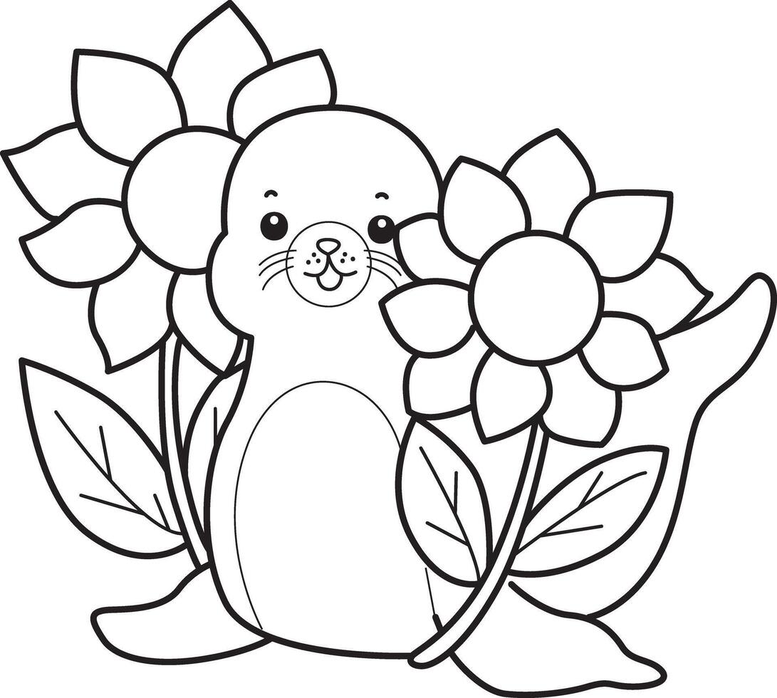 Outline of seal bring a sun flower. Coloring pages of cute seal. vector