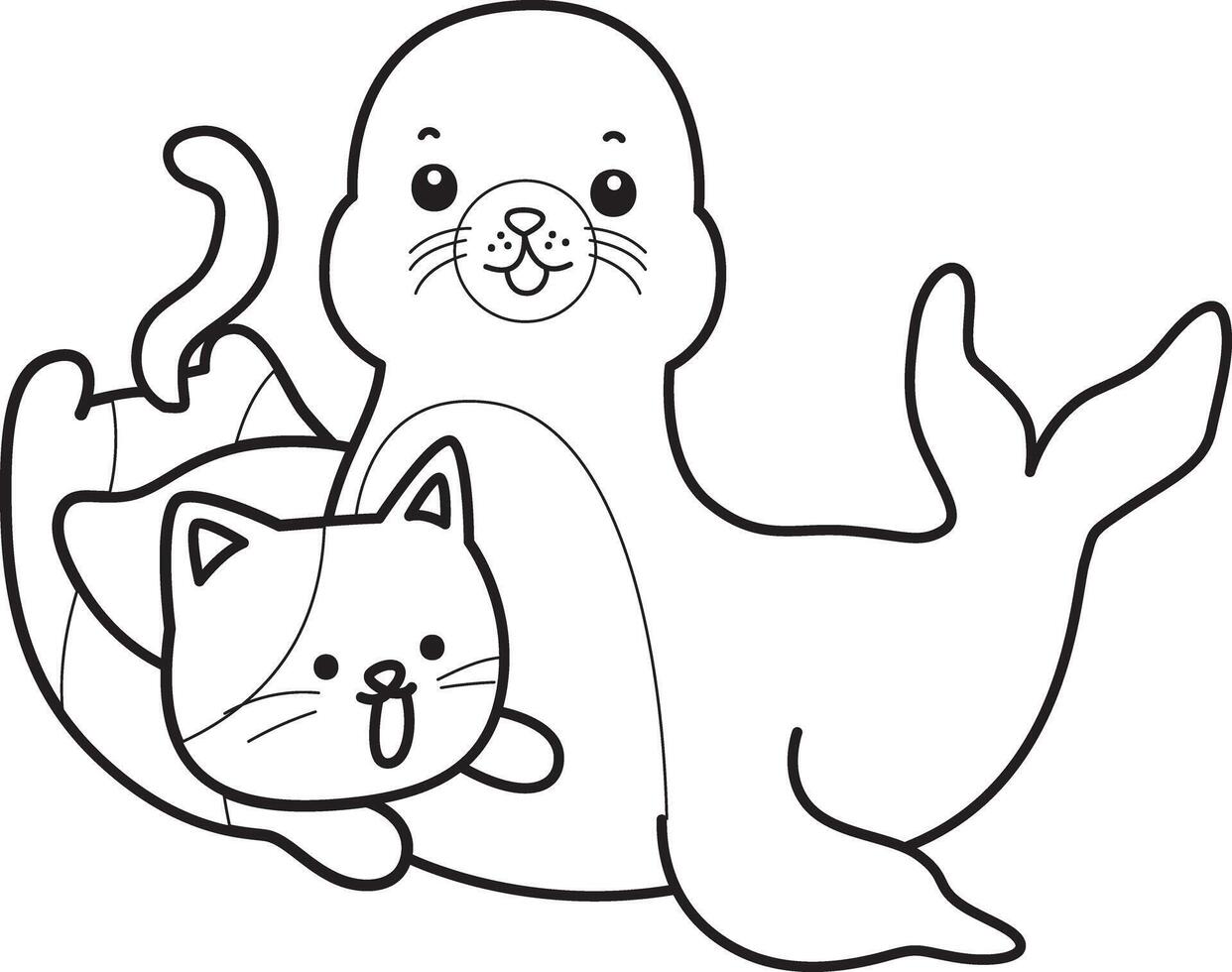 Outline of seal playing with kitten. Coloring pages of cute seal. vector