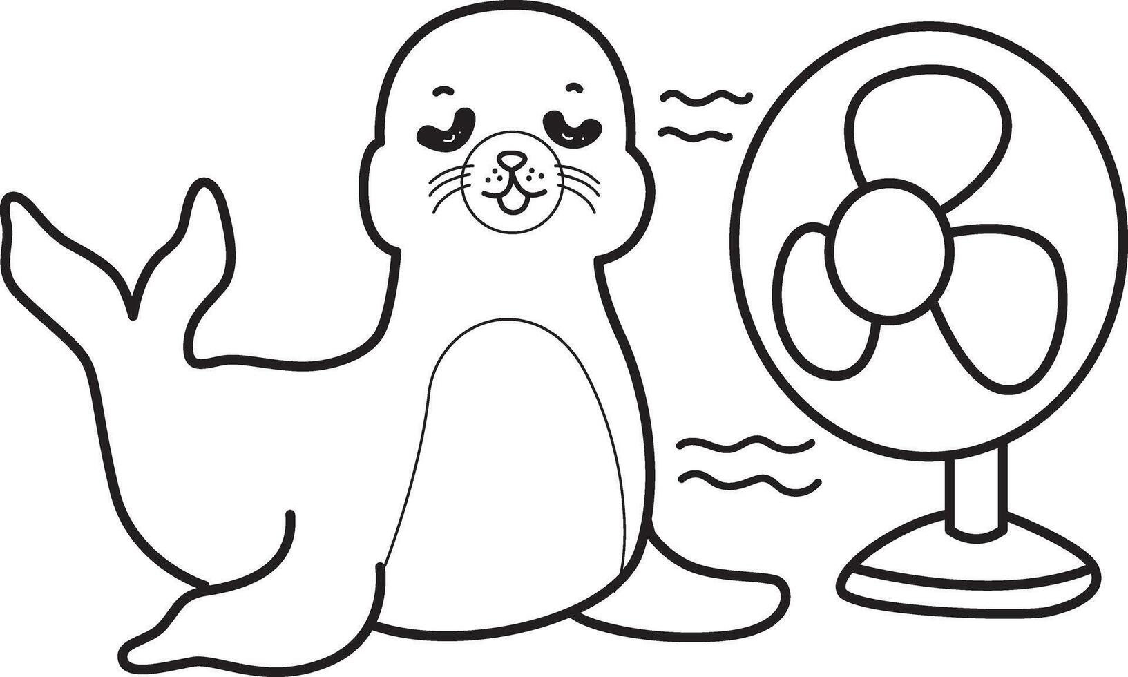 Outline of seal feel the air from the fan. Coloring pages of cute seal. vector