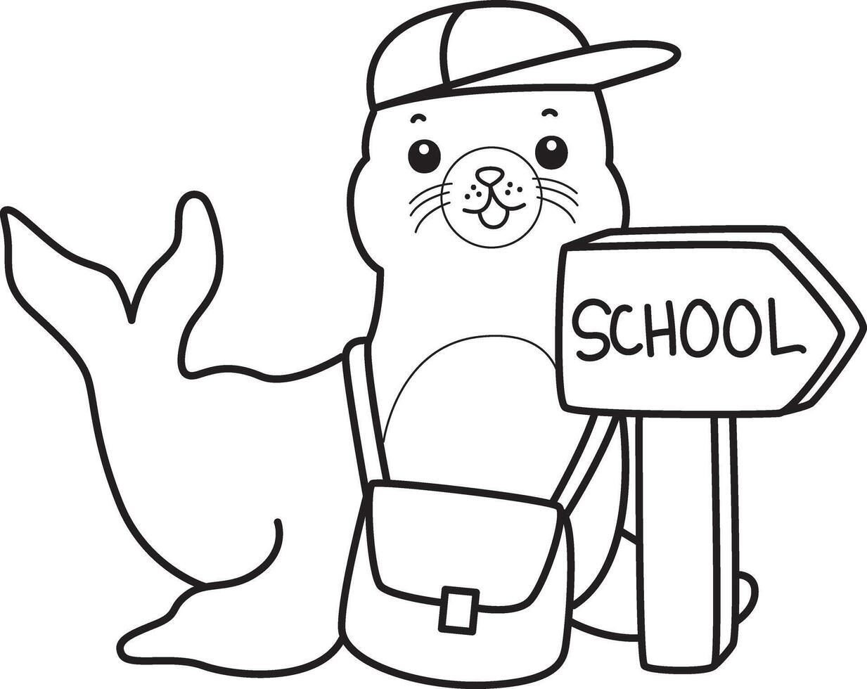 Outline of seal want to going to school. Coloring pages of cute seal. vector