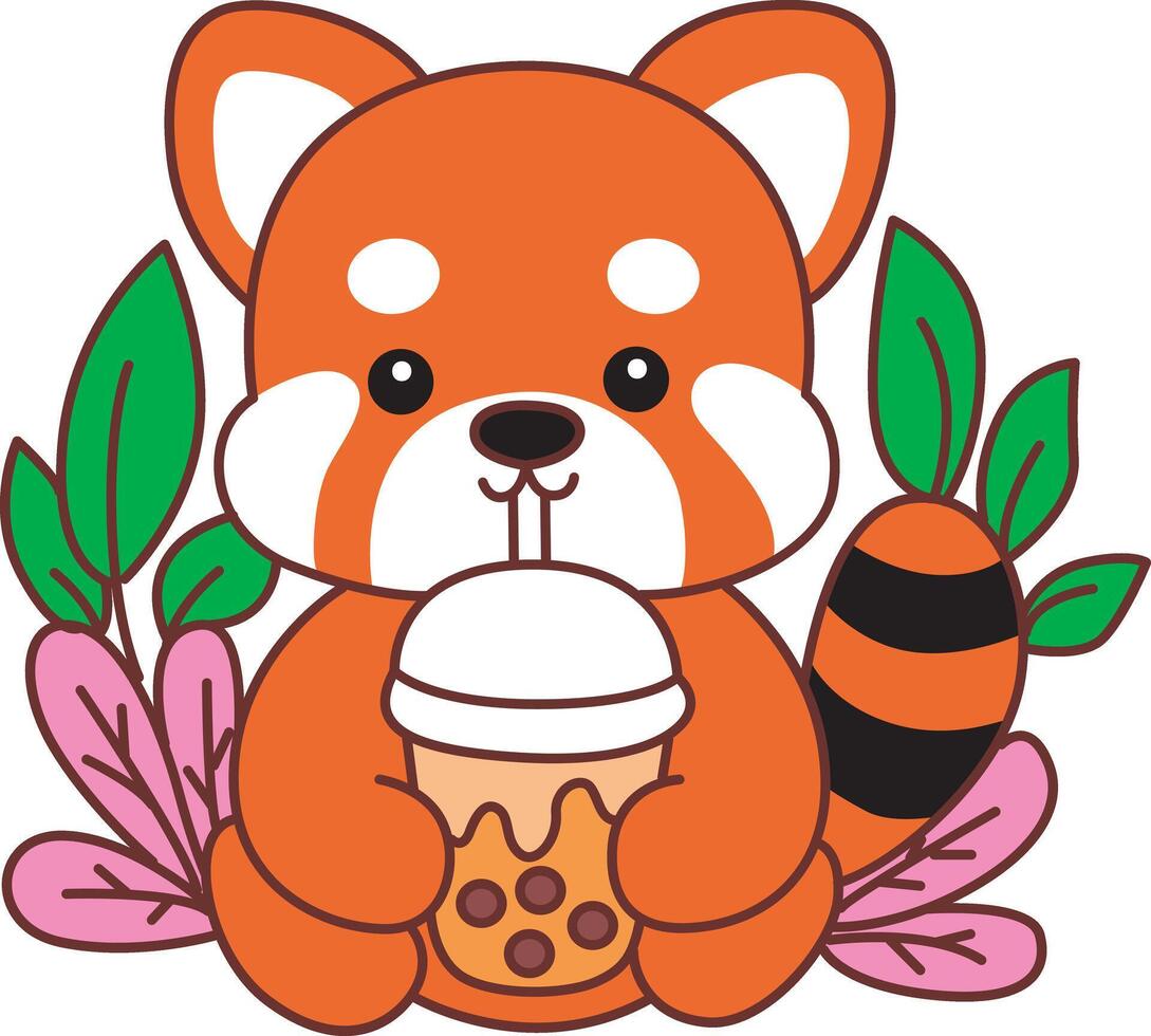 Red panda drinking a boba tea. Coloring pages of red panda. vector