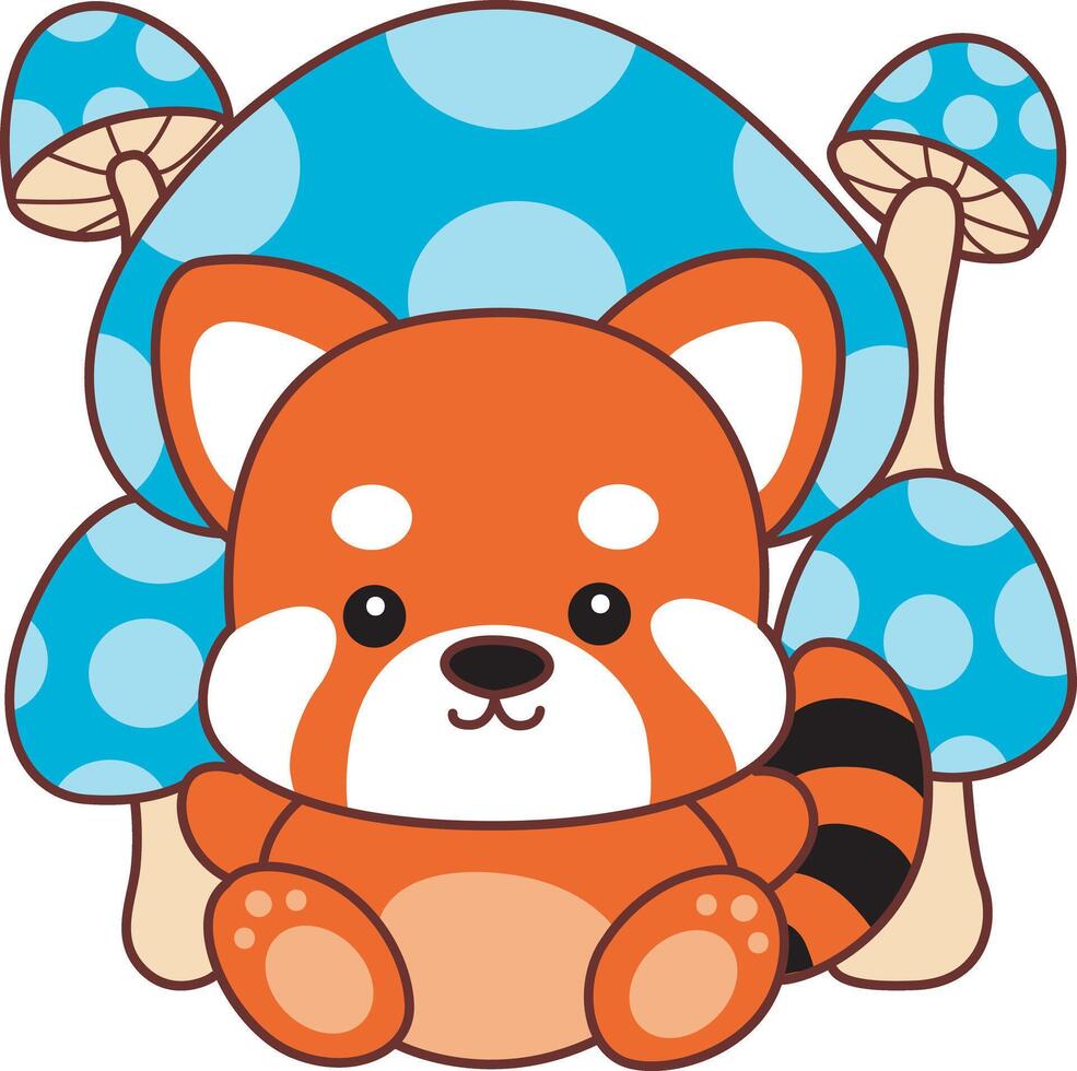 Red panda in the middle of mushroom. Coloring pages of red panda. vector