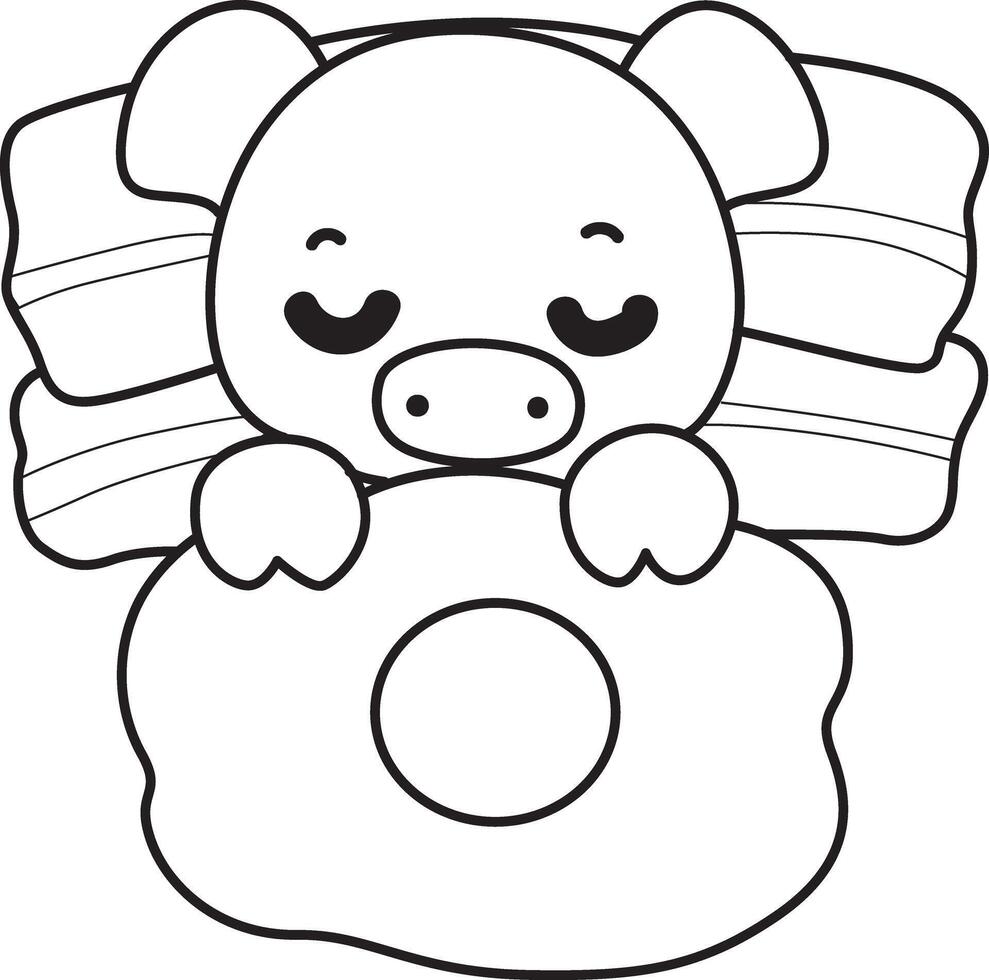 Outline of pig sleeping in the bacon and eggs. Coloring pages of cute pig. vector