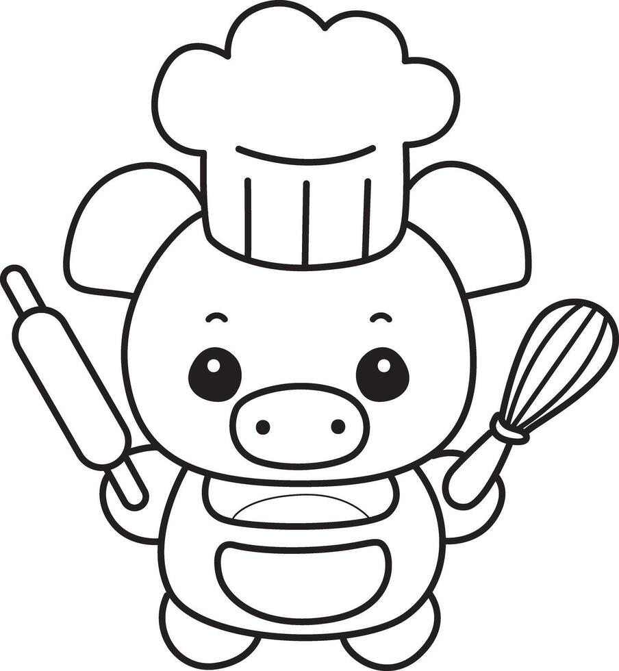 Outline of pig want to baking something. Coloring pages of cute pig. vector