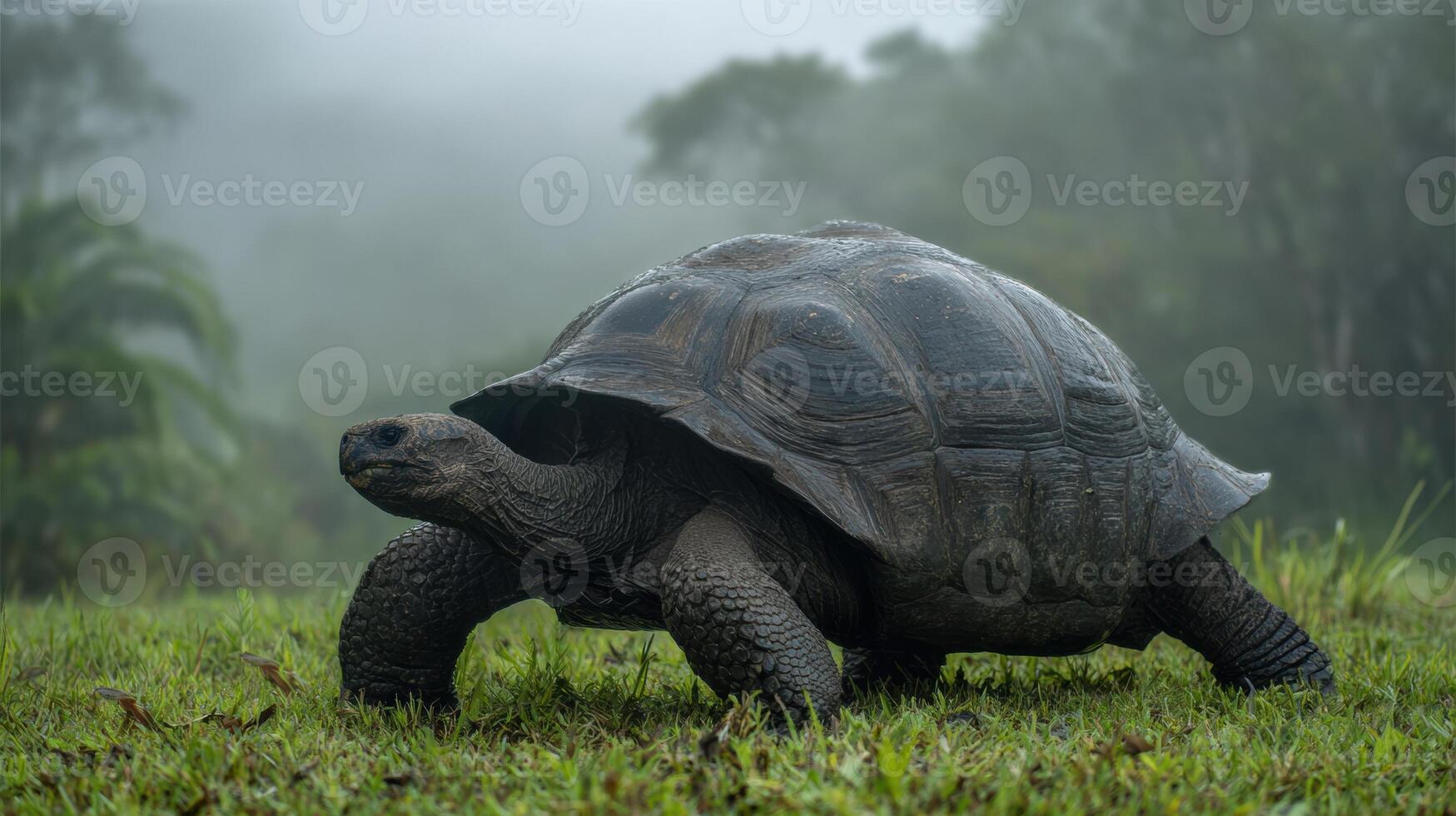 Galapagos Tortoise Walks Through Lush Grass With Jungle Haze in the Background During a Misty Day in the Galapagos Islands photo