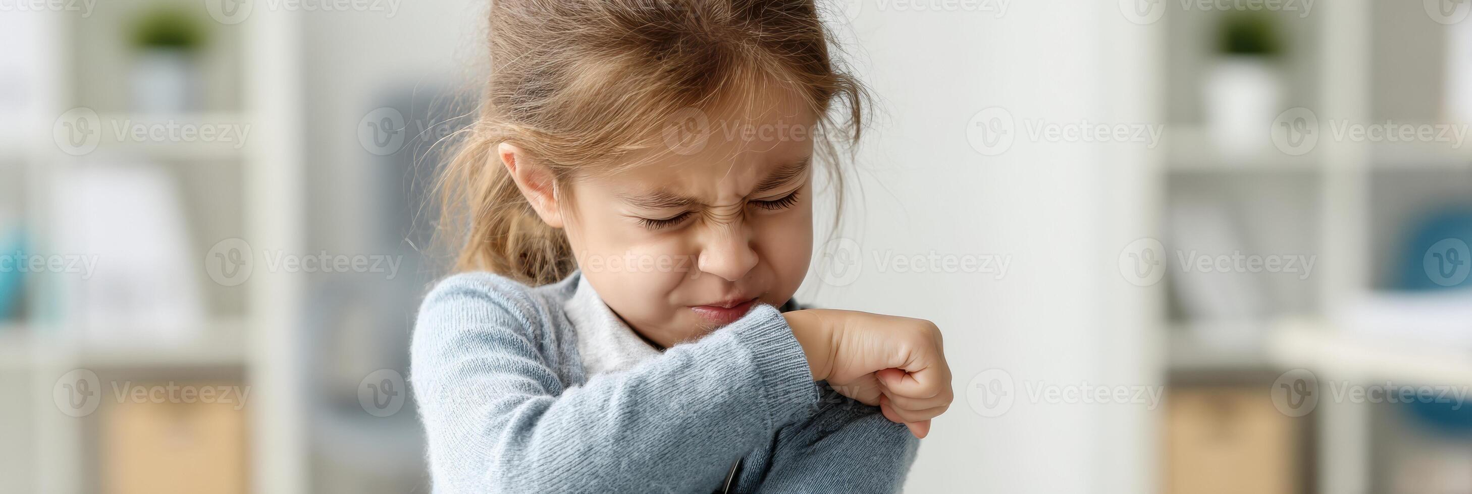 Child Sneezing Into Elbow While Visiting Pediatrician in Bright Clinic Room During Routine Check-Up photo