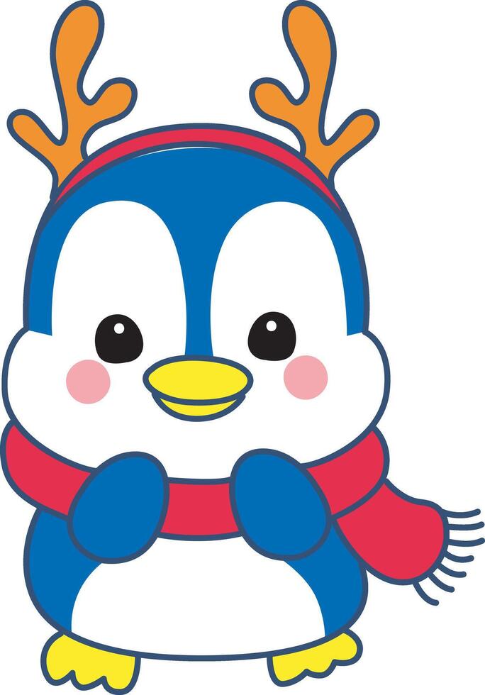 Penguin with deer headband.Funny penguin in cold weather elements. vector