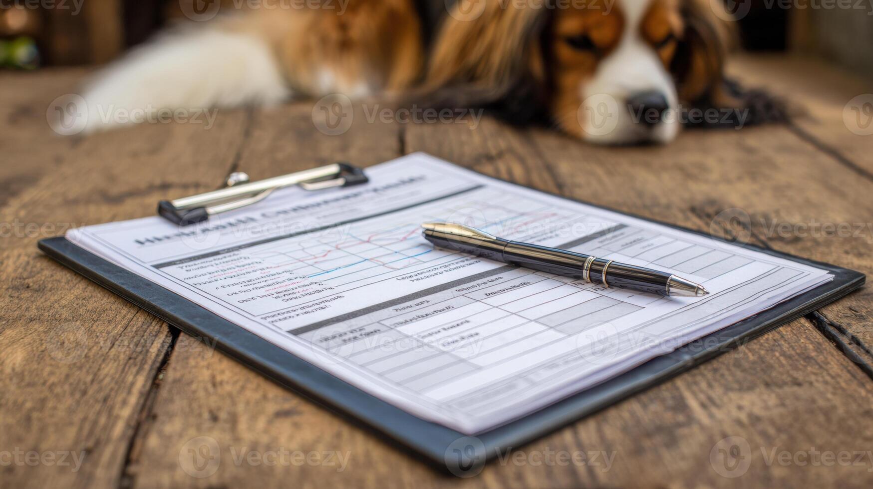 Health Chart on Clipboard Beside a Relaxed Dog in a Cozy Setting, Highlighting Pet Wellness and Care Procedures photo
