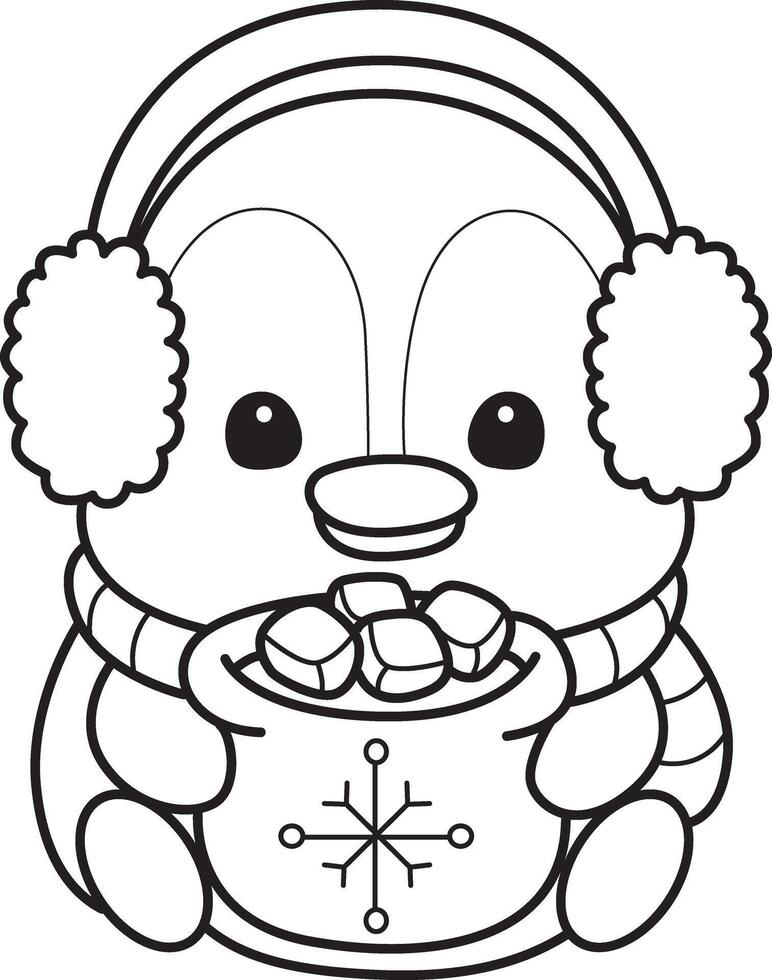 Outline of penguin bring a hot chocolate. Coloring pages of cute penguin. vector