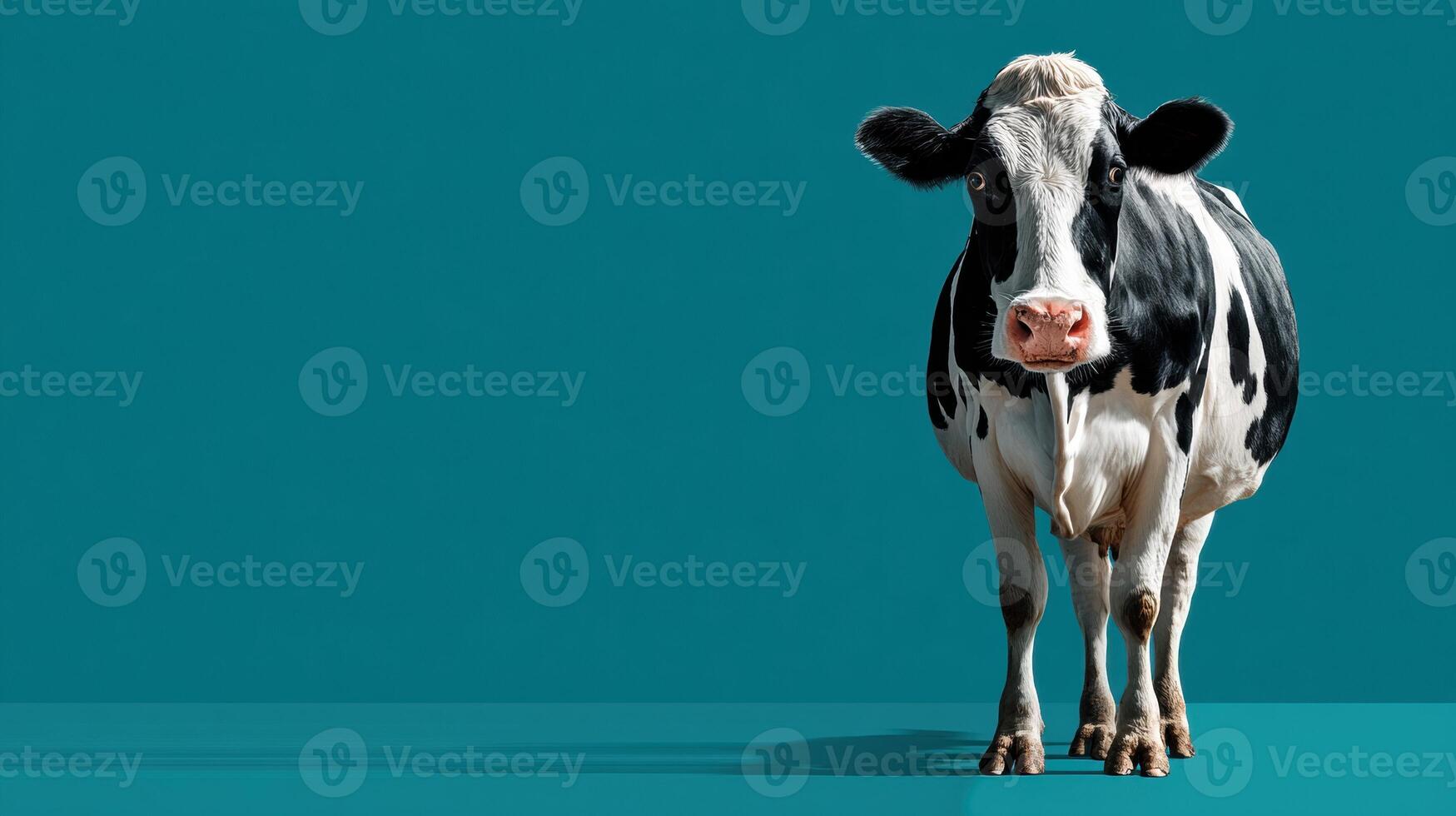 A Dairy Cow Poses Confidently Against a Vibrant Teal Background, Highlighting Its Charm and the Beauty of Livestock in Agriculture photo