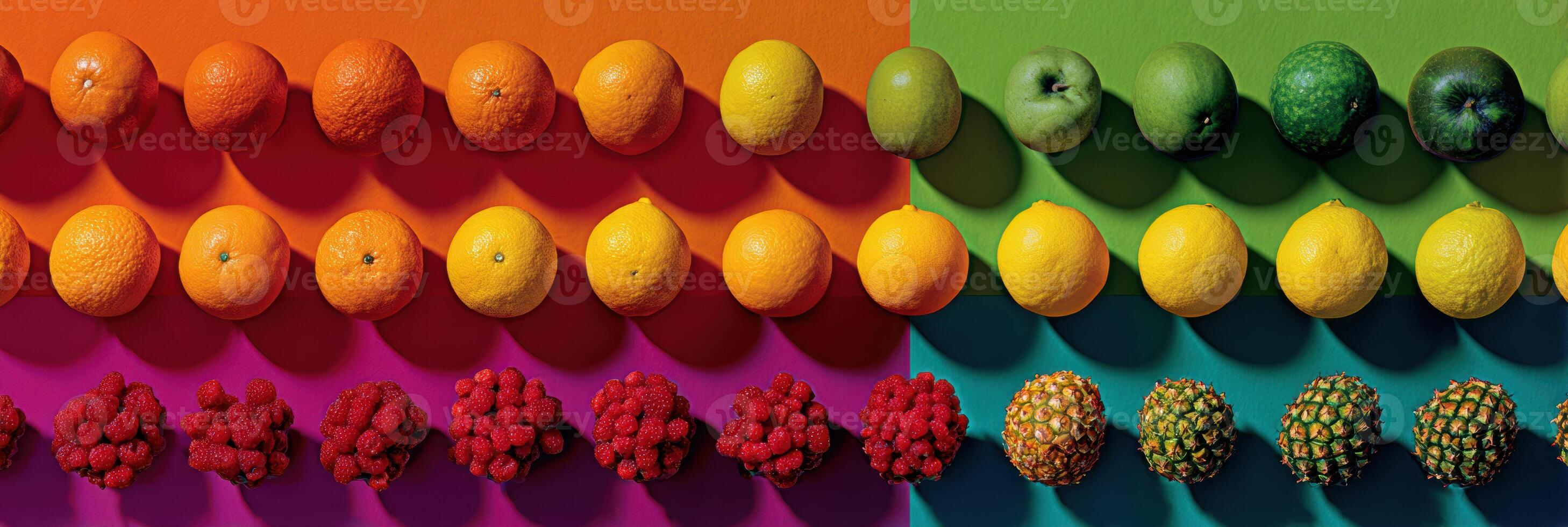 Color-matching Arrangement of Colorful Fruits Showcasing Aesthetic Hues and Textures on Vibrant Backgrounds in a Well-Lit Setting photo